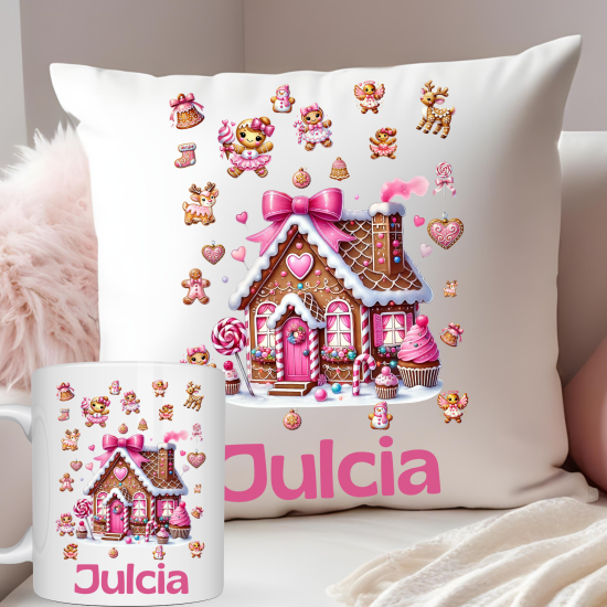 Zestaw poduszka + kubek "Piernikowa chatka"
